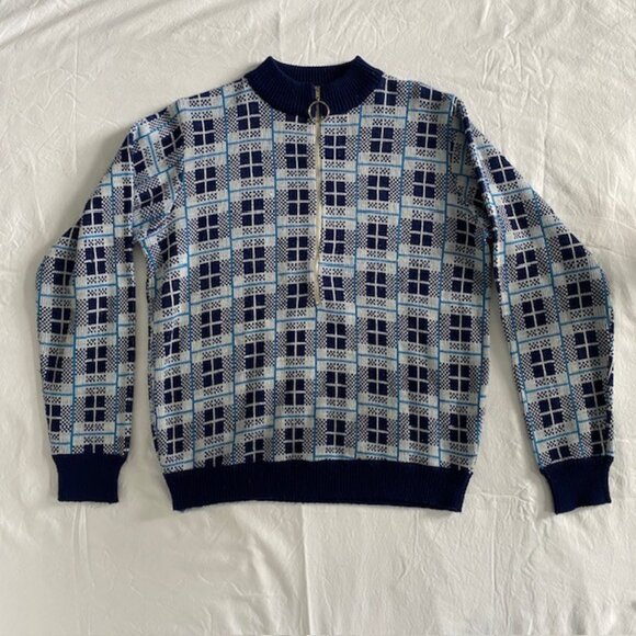 VINTAGE 70s Alexanders Blue White Plaid Half Zip Pullover Sweater - Picture 3 of 10